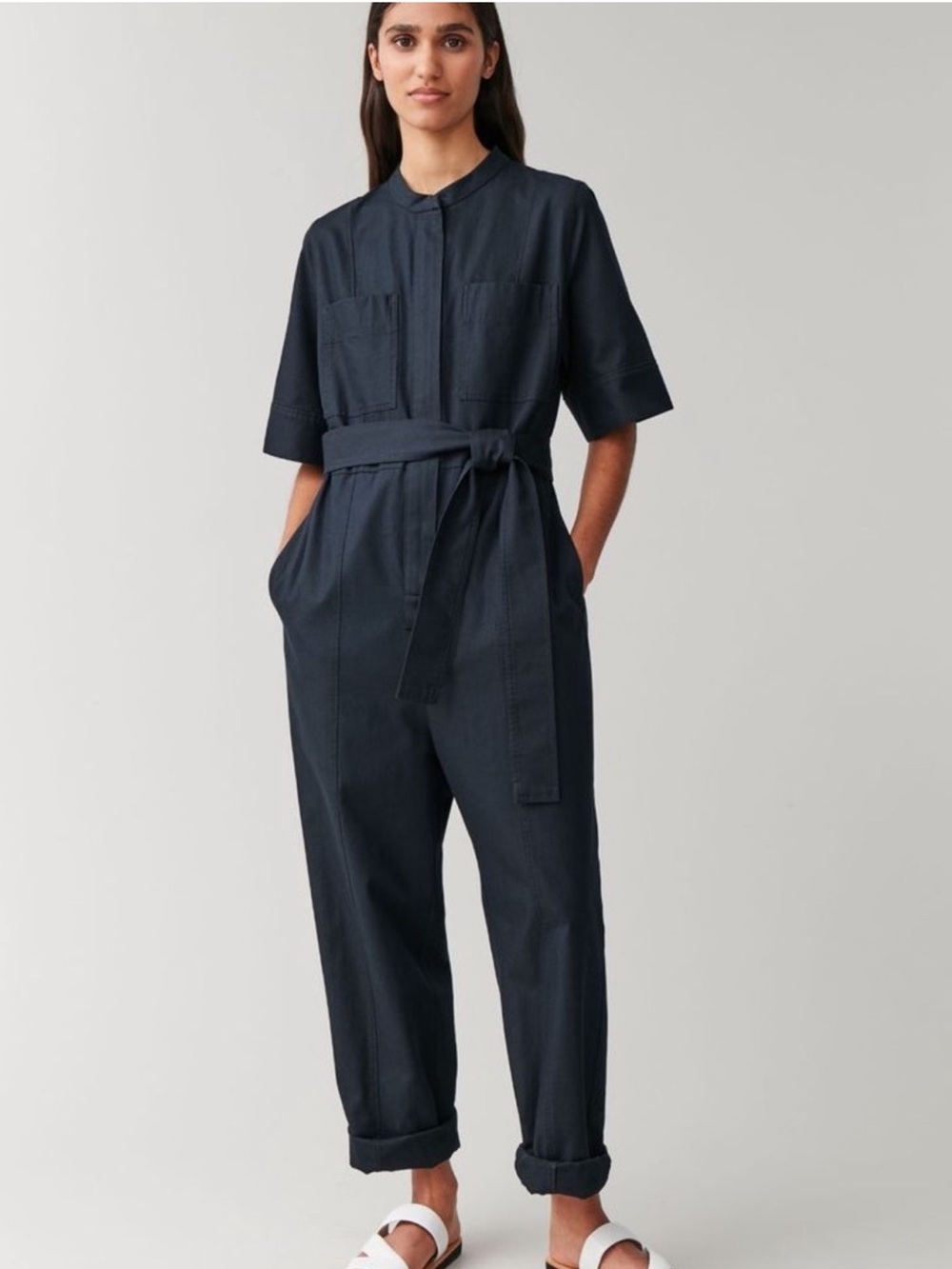 COS Navy Short-Sleeve Utility Jumpsuit with Waist Tie Size 6
